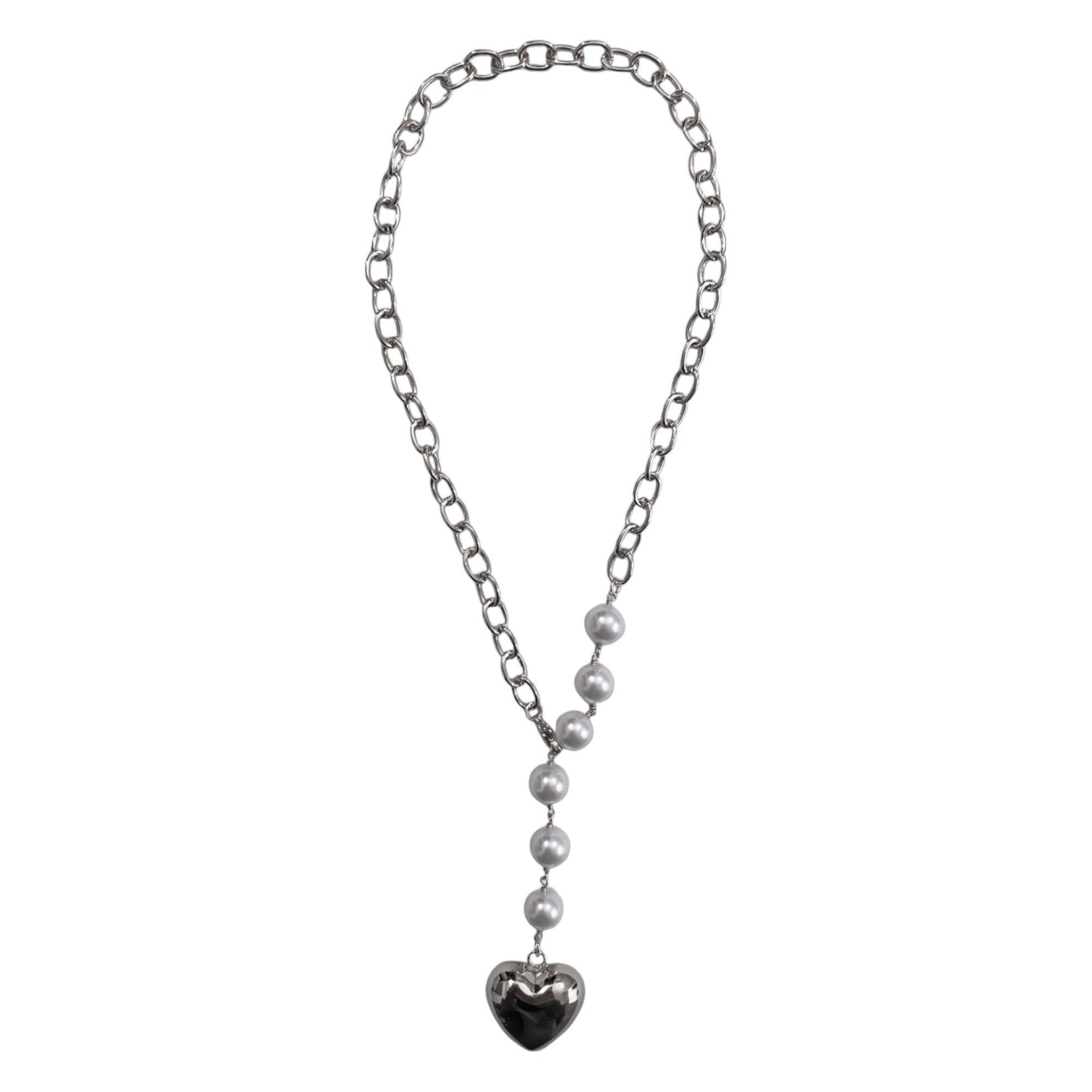 PUFFY HEART PEARL NECKLACE SILVER - Aurelia