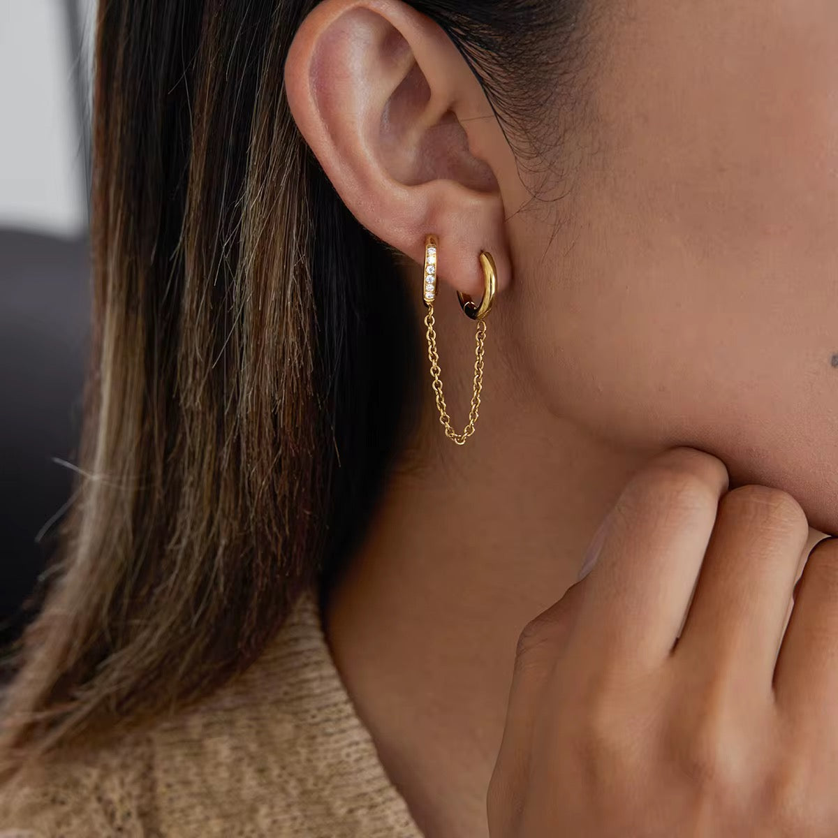 Double Huggie Chain Earring