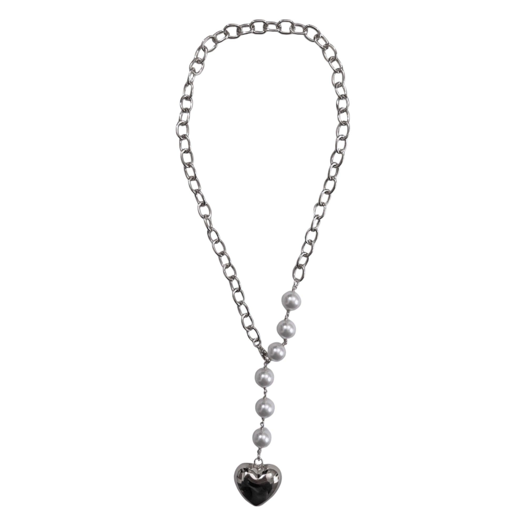 PUFFY HEART PEARL NECKLACE SILVER - Aurelia