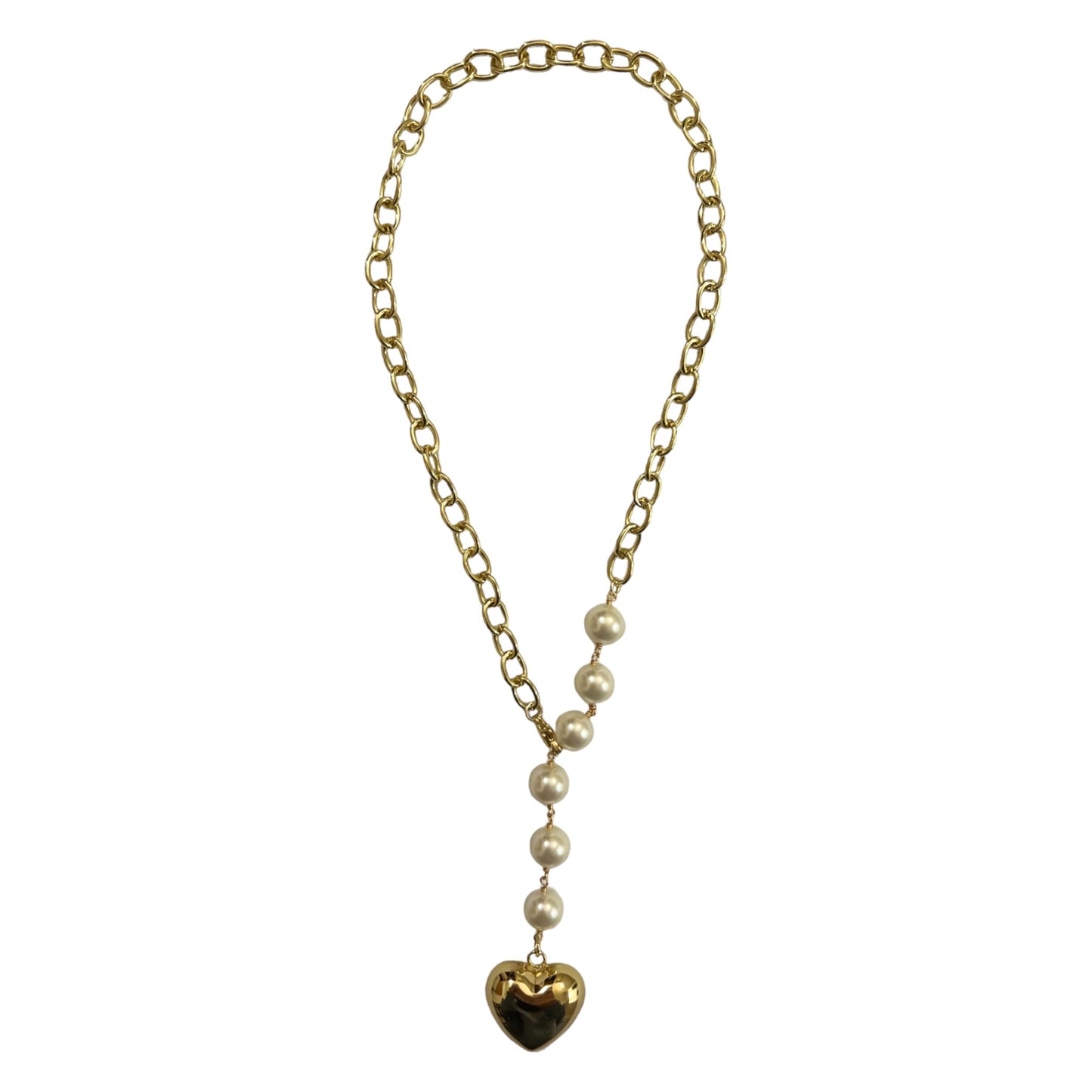 PUFFY HEART PEARL NECKLACE GOLD