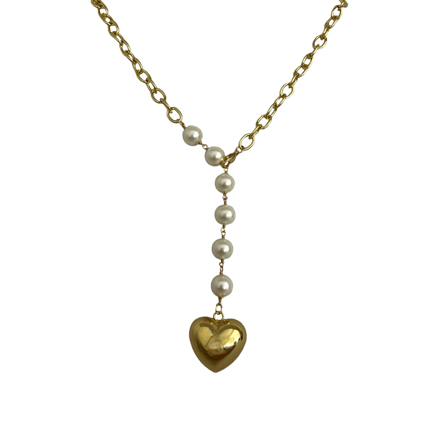 PUFFY HEART PEARL NECKLACE GOLD