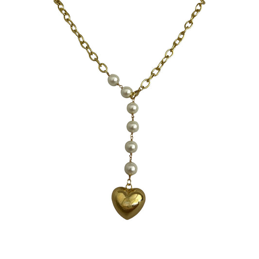 PUFFY HEART PEARL NECKLACE GOLD